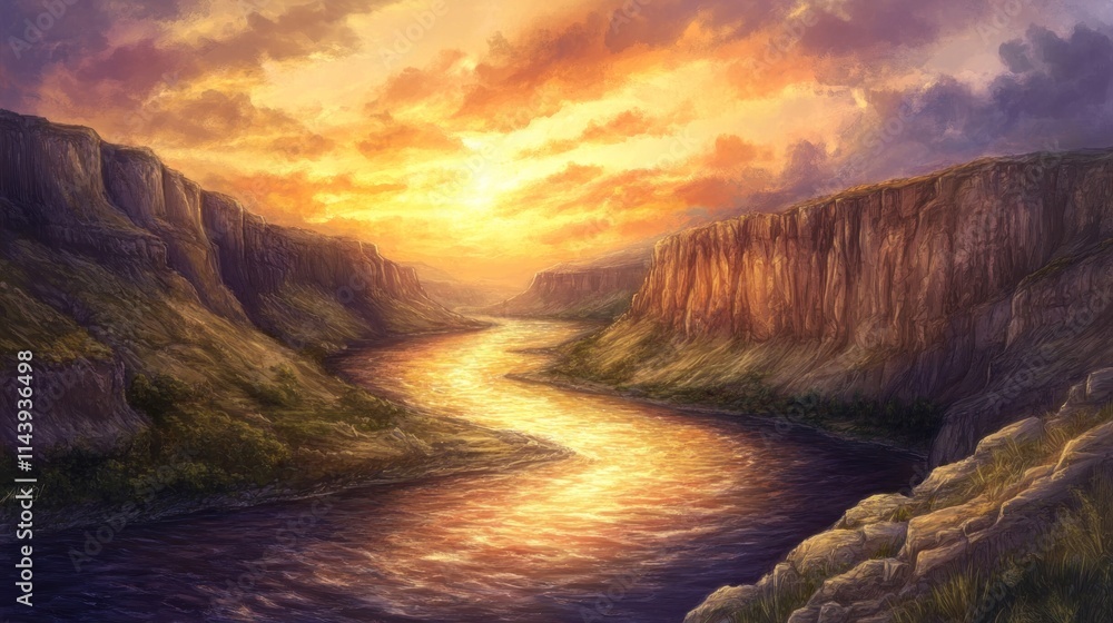 Fototapeta premium Serene sunset over a meandering river flowing through a canyon.