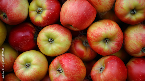 A pile of apples, arranged in the shape of an apple, captured from above. The apples have vibrant red and green colors with yellowish highlights in their close-up view  photo