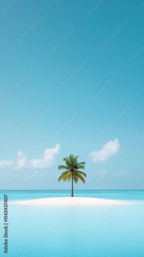 Serene Tropical Island with Single Palm Tree Surrounded by Calm Blue Water and Clear Sky, Capturing the Essence of Paradise and Tranquility in Nature Serene Tropical Island with Single Palm Tree Surrounded by Calm Blue Water and Clear Sky, Capturing the Essence of Paradise and Tranquility in Nature