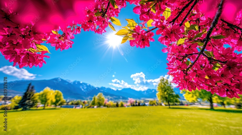 Fototapeta premium Vibrant spring landscape with blooming flowers and mountains.