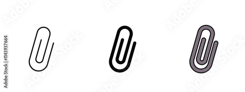 Set of 3 "Paperclip" icons with 1 line, 1 silhouette n 1 colored icon with an unexpanded vector inside - Paperclip icon featuring a curved metallic clip symbolizing organization & office supplies