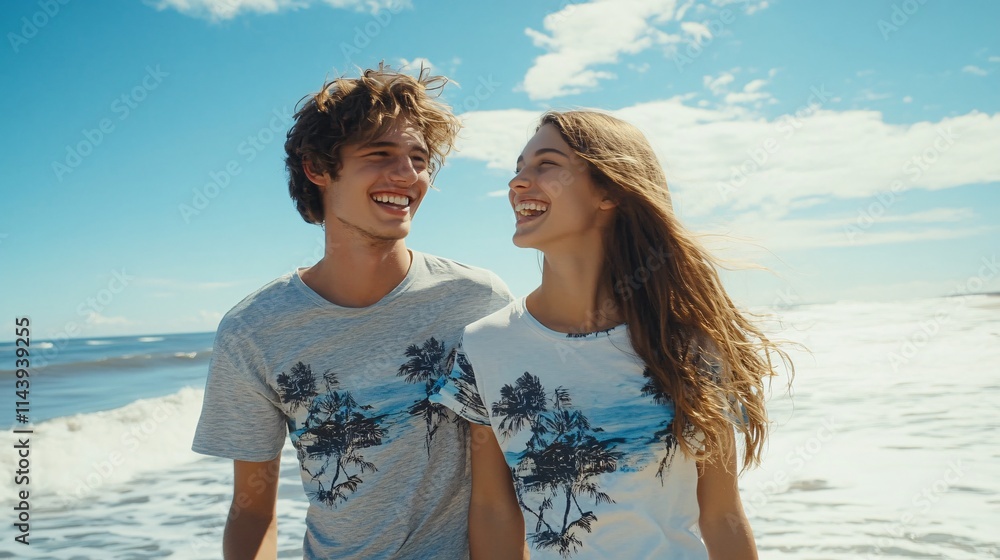 Joyful Couple Smiling on Beach with Bright Blue Sky and Waves Joyful Couple Smiling on Beach with Bright Blue Sky and Waves
