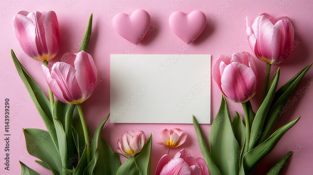 Pink tulips, hearts, blank card on pink background. Pink tulips, hearts, blank card on pink background.