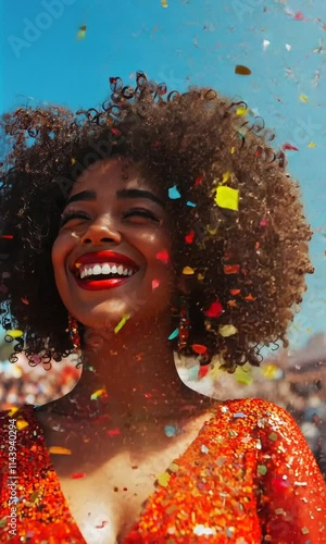 Cinematic photography of a afro brazilian woman, carnaval makeup, laughing,, crowd, happy people, Brazil, fashion mood, diversity, natural lighting, a lot of confetti