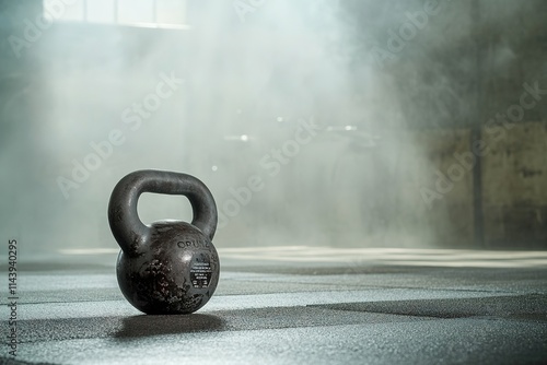 kettlebell placed on gym floor gym space around it intentionally blurred for focus photo