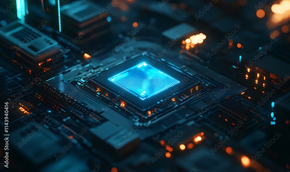 Glowing CPU on circuit board, technological background. Glowing CPU on circuit board, technological background.