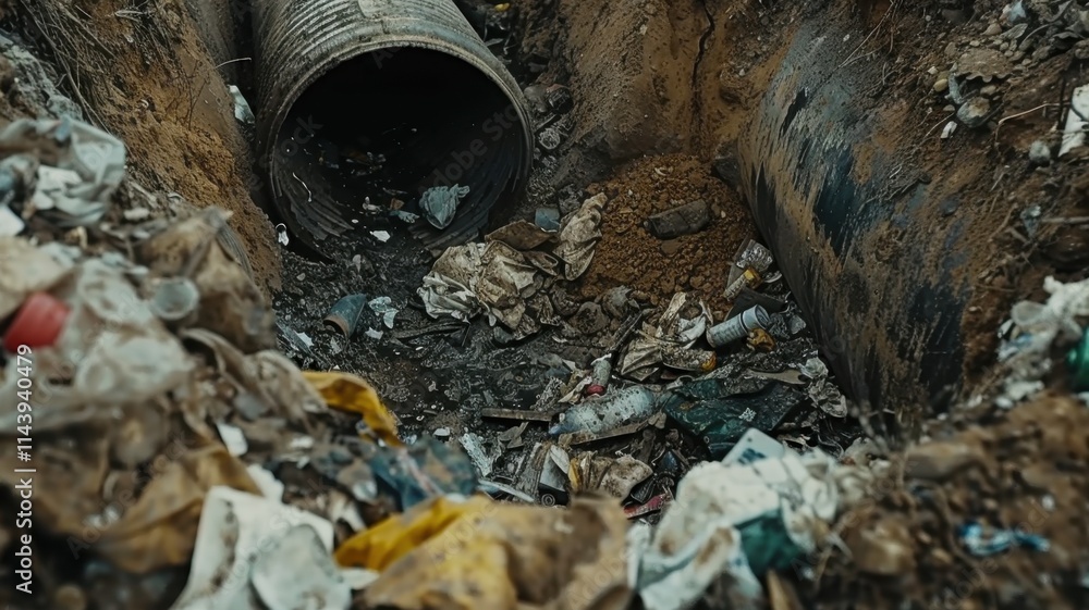 Obraz premium Landfill Waste: Trash accumulated and buried in landfills, often producing methane emissions that contribute to environmental degradation. 
