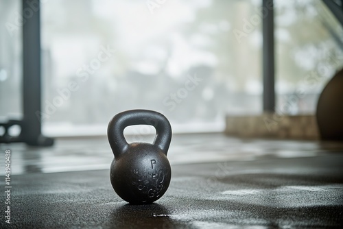 kettlebell placed on gym floor gym space around it intentionally blurred for focus photo