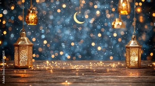 Festive lanterns and crescent moon on bokeh background. photo