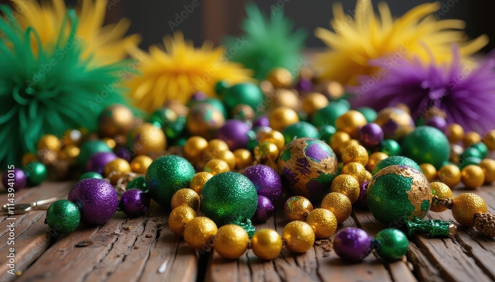 Colorful beads and feathers in green, purple, and gold are scattered on a wooden surface, evoking a festive and vibrant atmosphere Colorful beads and feathers in green, purple, and gold are scattered on a wooden surface, evoking a festive and vibrant atmosphere