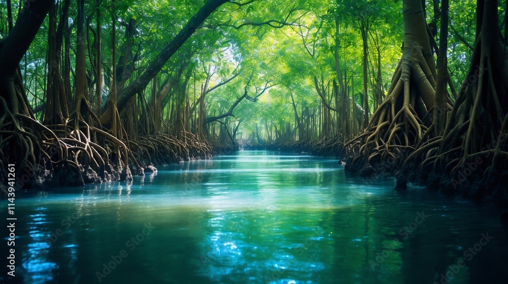 Obraz premium Breathtaking view of a thriving mangrove forest ecosystem highlighting its diverse flora intricate waterways and the wealth of natural resources it provides for the local environment