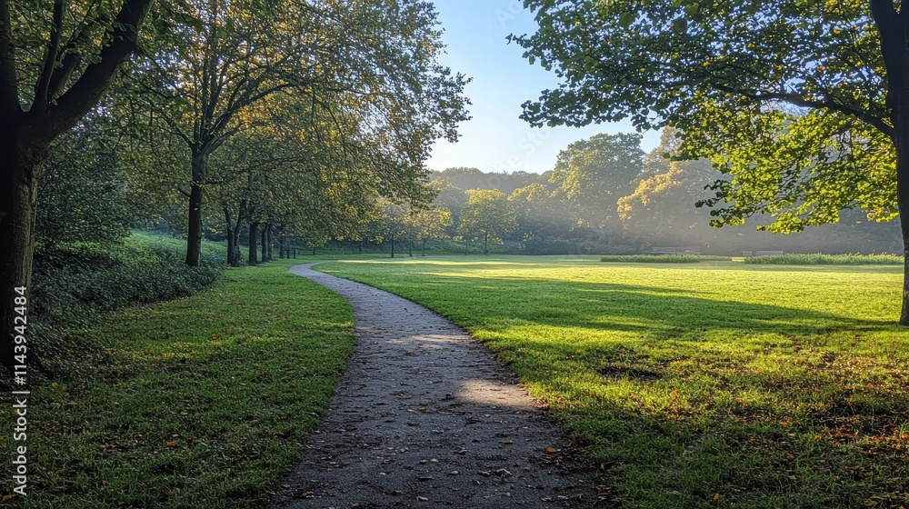 A calm, misty morning in a park, with a single path winding through the trees and a sense of serenity in the air. A calm, misty morning in a park, with a single path winding through the trees and a sense of serenity in the air.