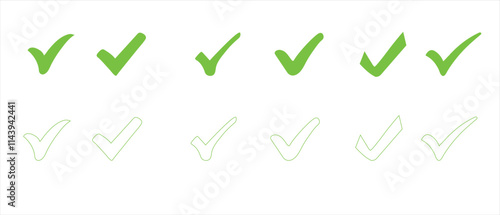 Green check mark icon. Check mark vector icon.  Checkmark Illustration. Correct vote choise is Vector symbols set. Set of check mark icon on a transparent white backgroun.