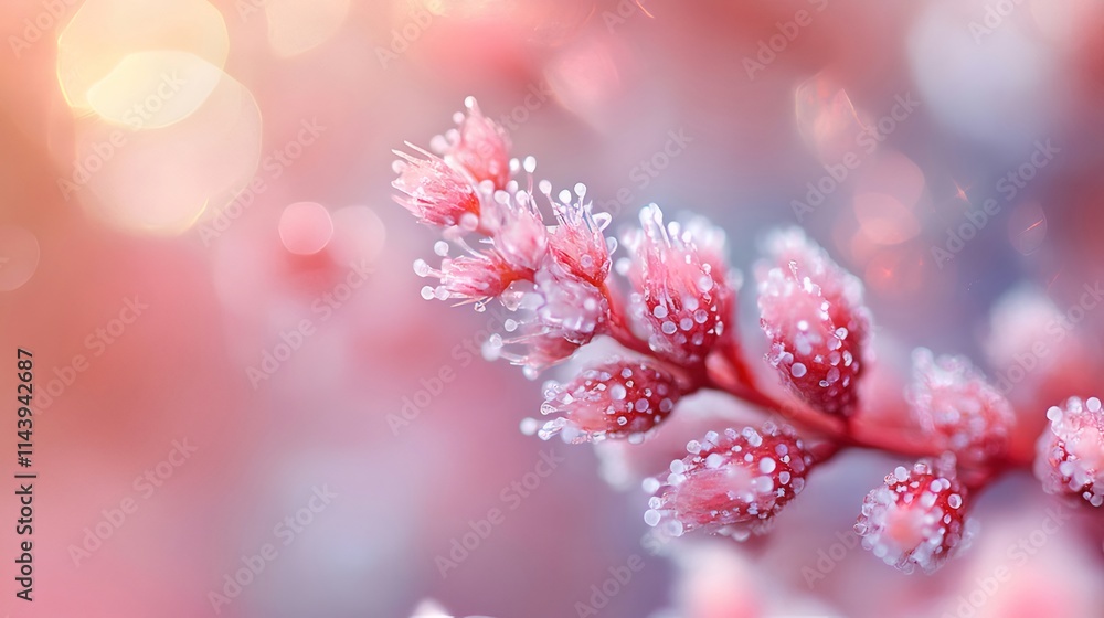Close-up of a pink flower covered in frost. Close-up of a pink flower covered in frost.