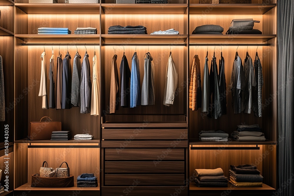 modern walk-in closet with contemporary design featuring shelves filled with neatly organized clothes and accessories modern walk-in closet with contemporary design featuring shelves filled with neatly organized clothes and accessories