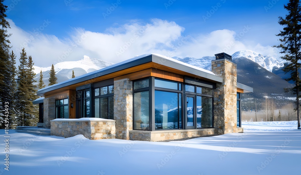 Modern stone house in snowy mountain landscape. Modern stone house in snowy mountain landscape.