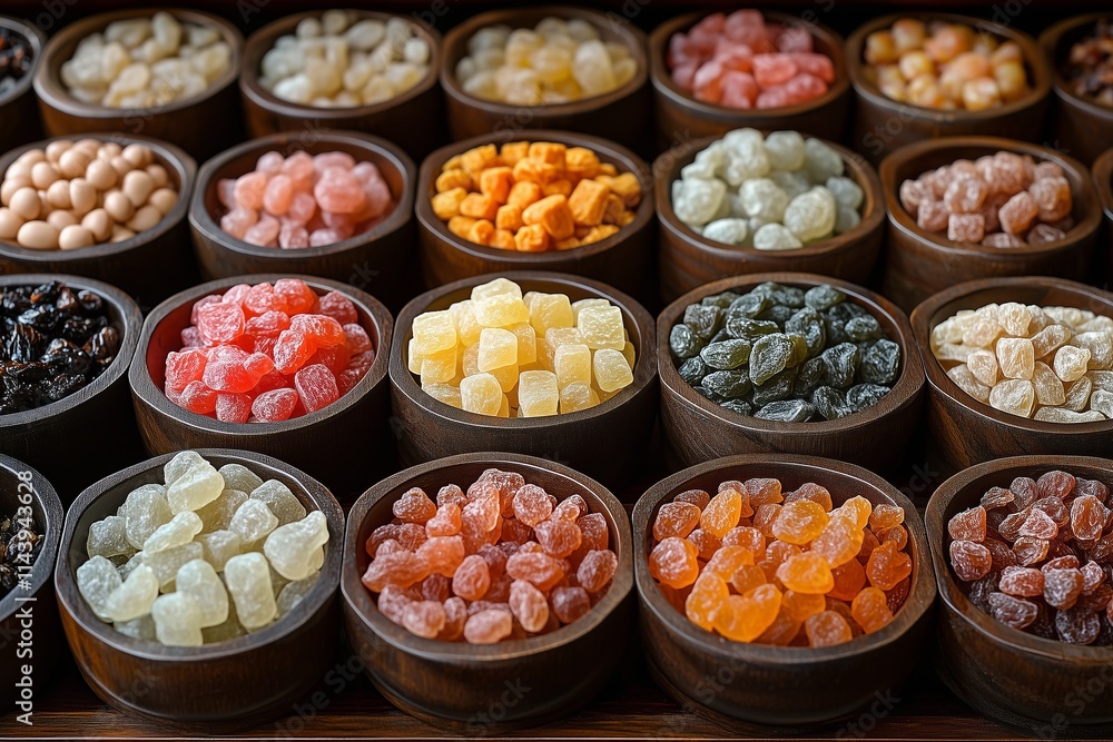 A variety of dried fruits and nuts arranged in rows on wooden bowls A variety of dried fruits and nuts arranged in rows on wooden bowls