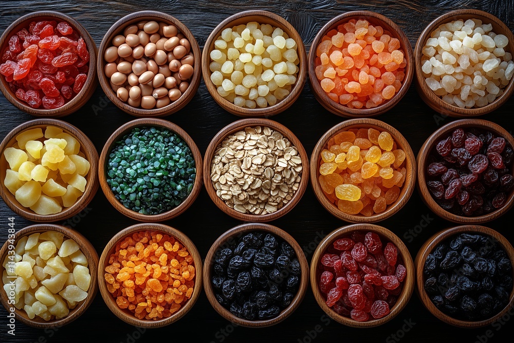 A variety of dried fruits and nuts arranged in rows on wooden bowls A variety of dried fruits and nuts arranged in rows on wooden bowls