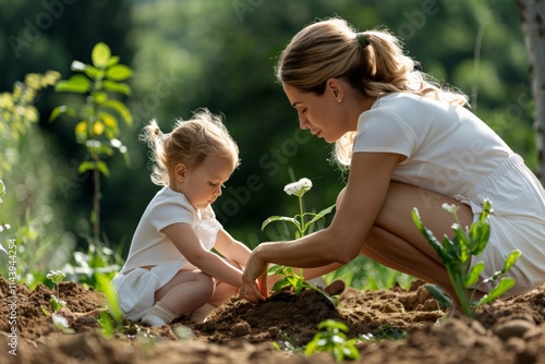 Fototapeta Naklejka Na Ścianę i Meble -  A tender moment of a mother and her young child planting flowers in a garden on a sunny day, embracing nature and family bonding.