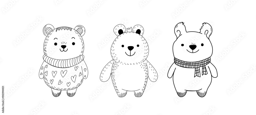 Obraz premium Ilustración de osos infantiles en blanco y negro con diseños decorativos, incluyendo suéteres, bufandas y detalles tiernos