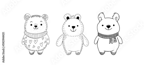 Ilustración de osos infantiles en blanco y negro con diseños decorativos, incluyendo suéteres, bufandas y detalles tiernos