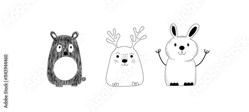  Ilustración en blanco y negro de animales caricaturescos, incluyendo un oso, un reno y un conejo, con diseños minimalistas y expresiones divertidas