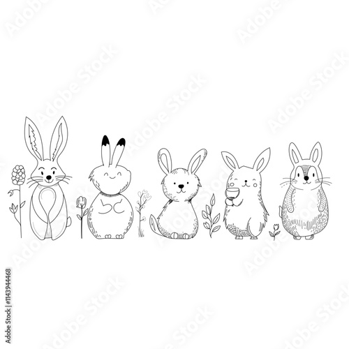 Ilustración de conejos infantiles con diseño en blanco y negro, rodeados de flores y elementos naturales