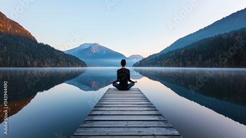 Fototapeta Naklejka Na Ścianę i Meble -  A tranquil image of a person meditating on a dock, surrounded by a misty lake and lush mountain landscape, embracing peace and connection with nature.