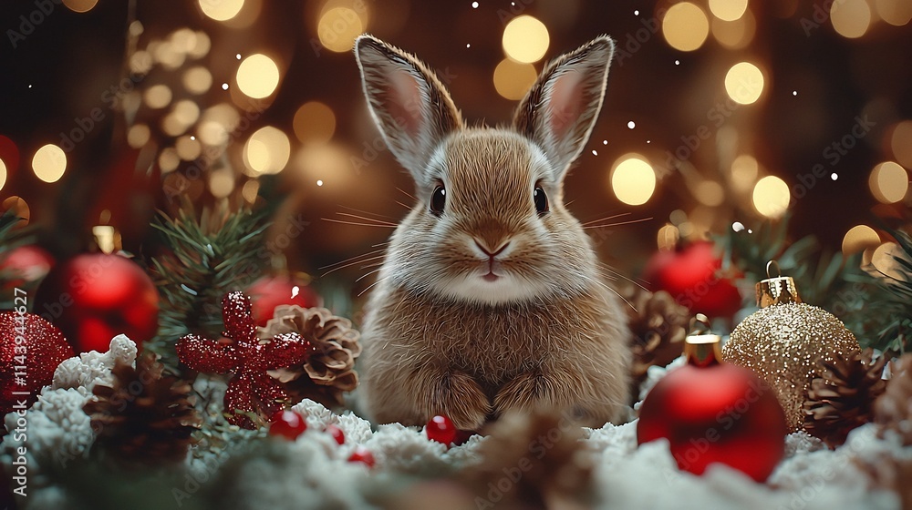 Naklejka premium A fluffy soft and adorable bunny surrounded by a variety of colorful and festive Christmas in a cozy warm and inviting indoor setting creating a charming and whimsical holiday atmosphere