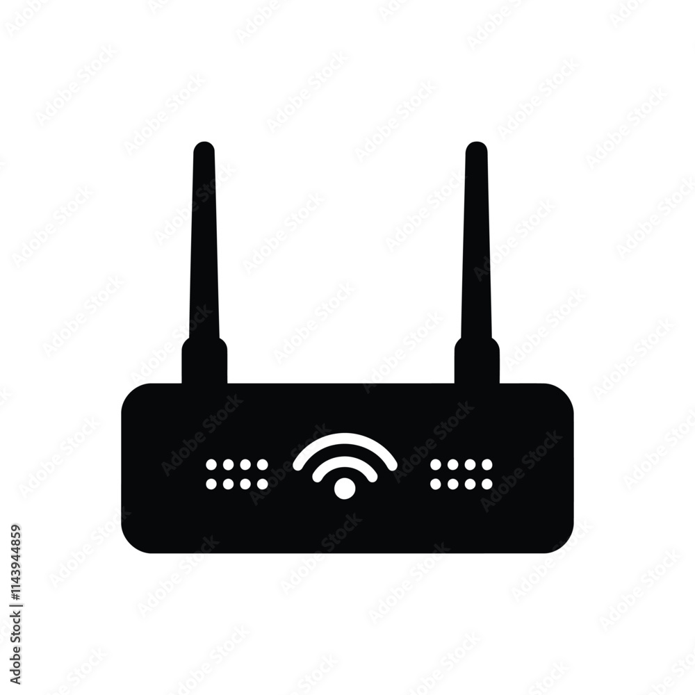 Silhouette of a router with black router icon and logo on white background Silhouette of a router with black router icon and logo on white background