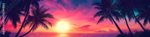 Palms silhouettes at neon sunset sky. Night landscape with palm trees on beach. Creative trendy summer tropical background. Vacation travel concept. Retro, synthwave, retrowave style. Rave party