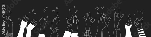 Doodle sketch hands up gestures comic icons silhouettes vector set. Group of line art fun comic hands in the air. Voting or happy congratulation audience recognition symbols.