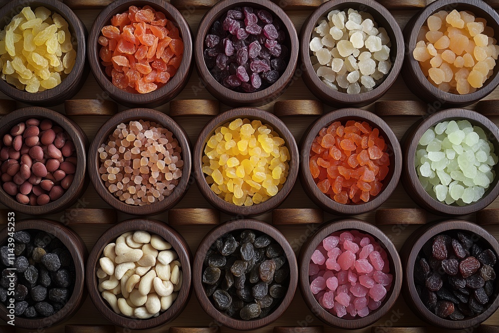 A variety of dried fruits and nuts arranged in rows on wooden bowls A variety of dried fruits and nuts arranged in rows on wooden bowls