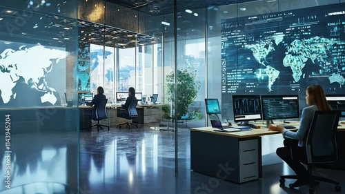 Global Network Security Team: A team of cybersecurity professionals work diligently in a modern office,  monitoring and protecting global networks.