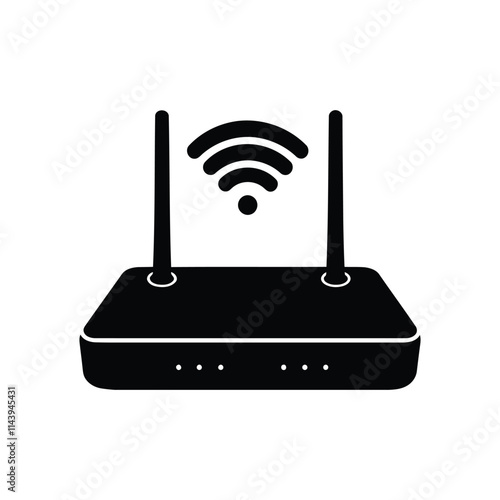 Silhouette of a router with black router icon and logo on white background