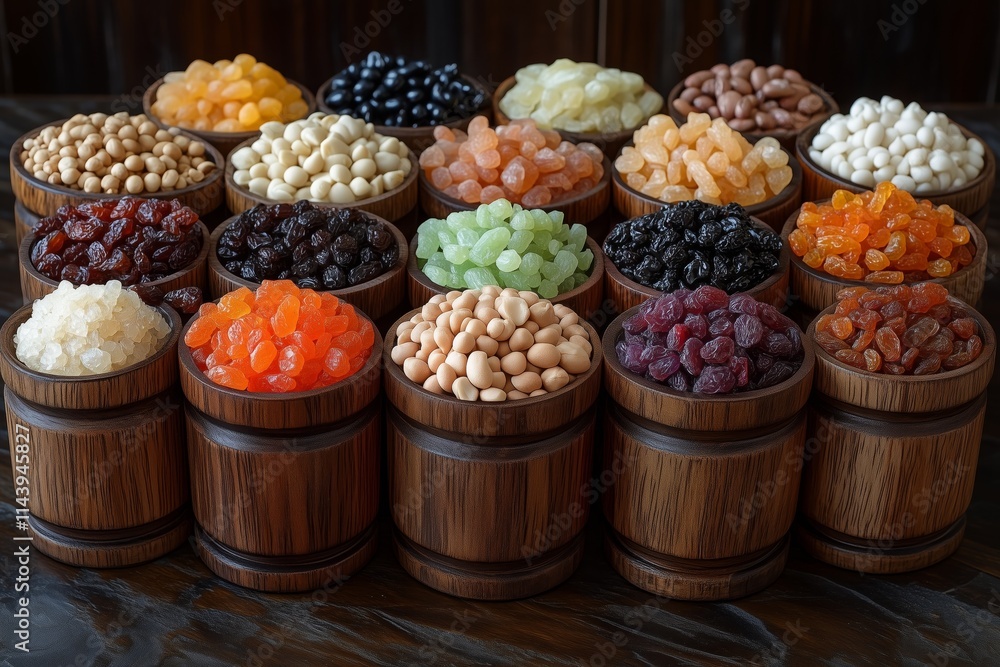 A variety of dried fruits and nuts arranged in rows on wooden bowls A variety of dried fruits and nuts arranged in rows on wooden bowls
