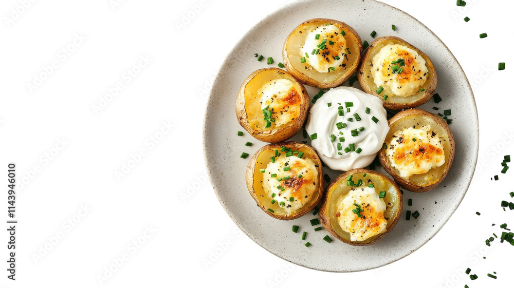 Delicious Plate of Baked Potatoes Topped with Creamy Sour Cream Ideal for Comfort Meals and Culinary Presentations. Delicious Plate of Baked Potatoes Topped with Creamy Sour Cream Ideal for Comfort Meals and Culinary Presentations.
