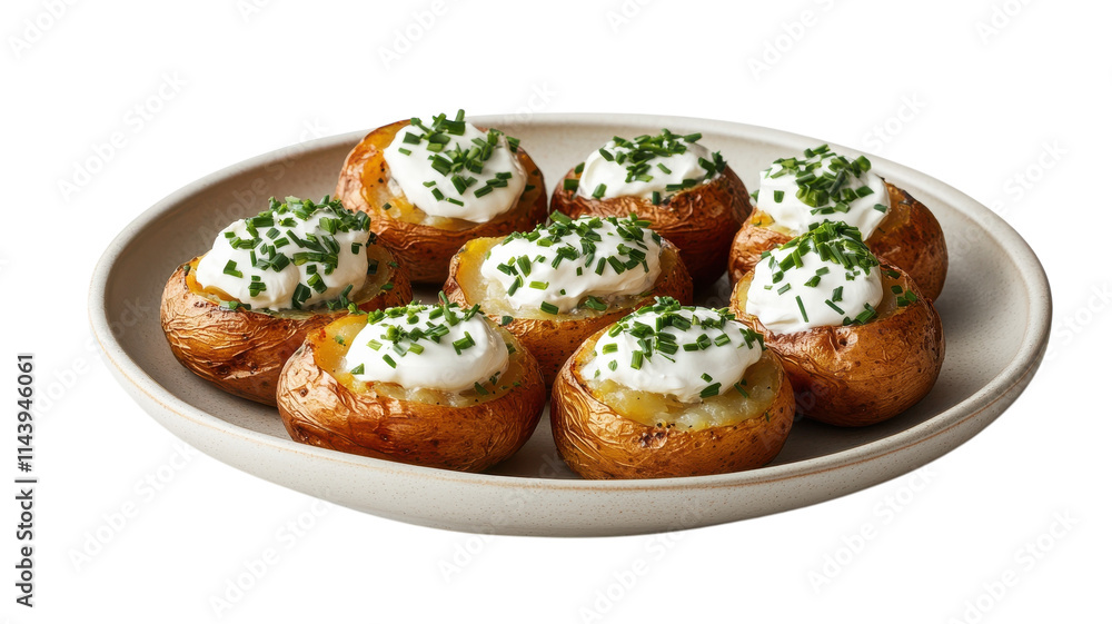 A Delicious Plate of Baked Potatoes Topped with Creamy Sour Cream Perfect for Appetizing Side Dishes and Hearty Meals.