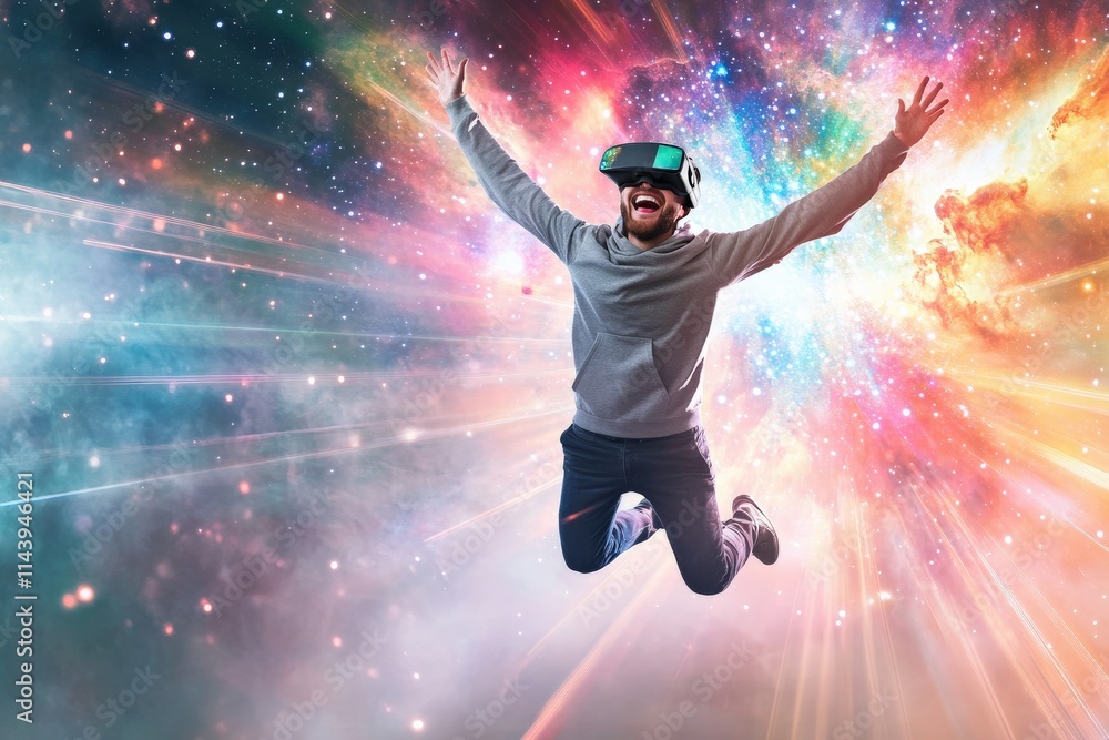 Man Enjoying Virtual Reality with Controllers in a Cosmic Background Man Enjoying Virtual Reality with Controllers in a Cosmic Background
