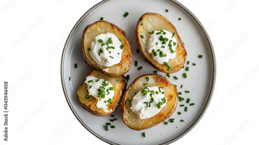 Delicious Plate of Baked Potatoes Topped with Creamy Sour Cream Perfect for Comfort Food Lovers and Family Gatherings. Delicious Plate of Baked Potatoes Topped with Creamy Sour Cream Perfect for Comfort Food Lovers and Family Gatherings.