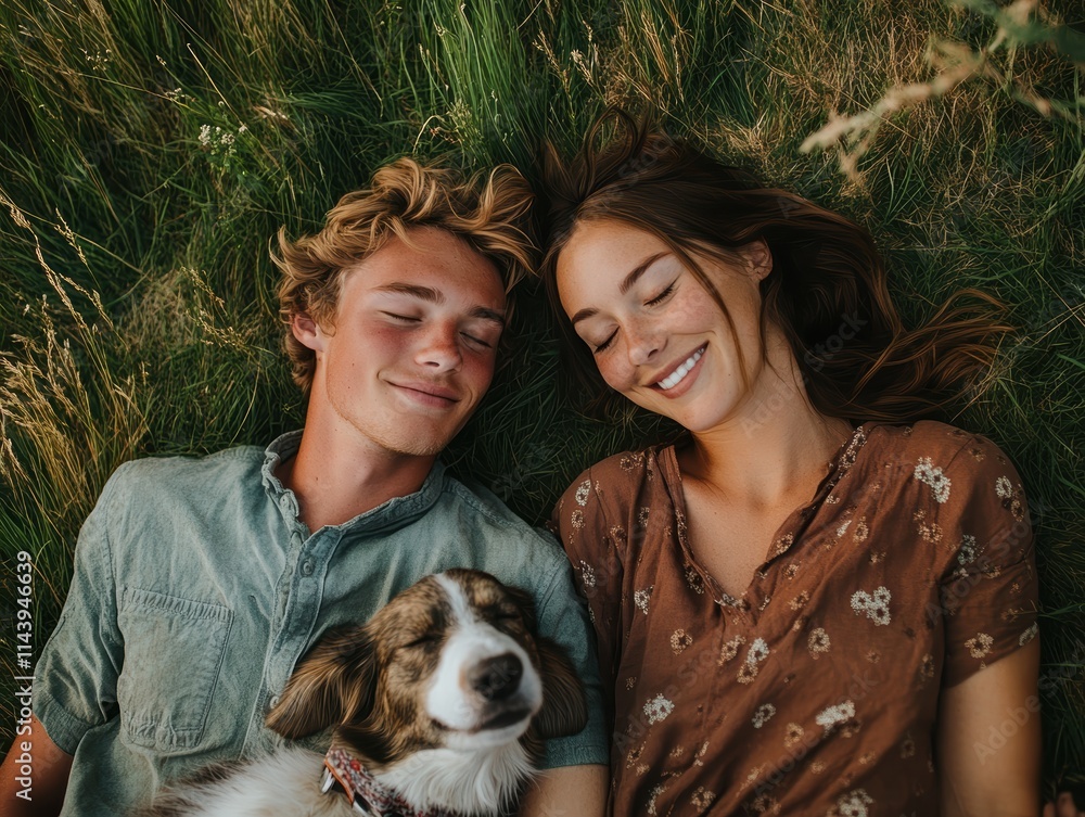 Obraz premium A couple lying on the grass with their dog, both relaxed and smiling, surrounded by nature.