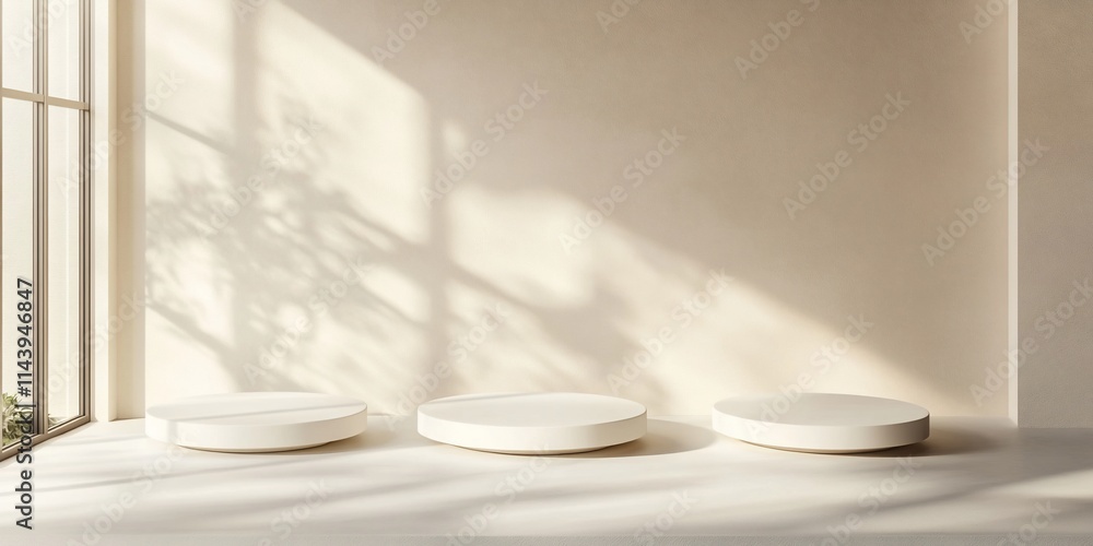 Fototapeta premium Three minimalist white podiums on beige background.