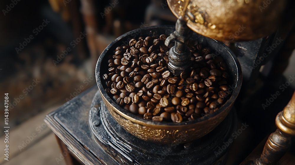 Antique coffee grinder filled with roasted beans. Antique coffee grinder filled with roasted beans.