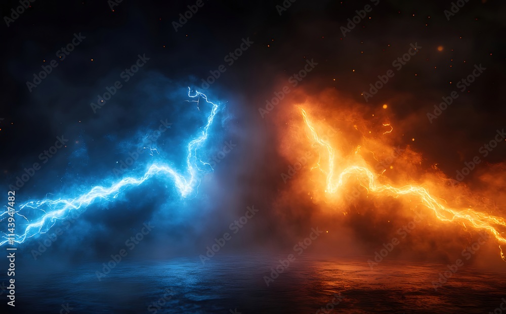 Abstract image of blue and orange lightning bolts clashing in a dark, smoky environment. Abstract image of blue and orange lightning bolts clashing in a dark, smoky environment.