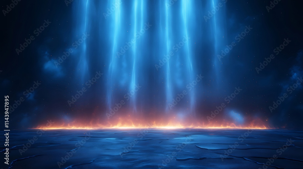 Glowing blue beams illuminate fiery ground. Glowing blue beams illuminate fiery ground.