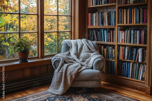 A cozy reading nook by the window, with a comfortable chair, a blanket, and bookshelves filled with favorite books, creating a quiet retreat. photo