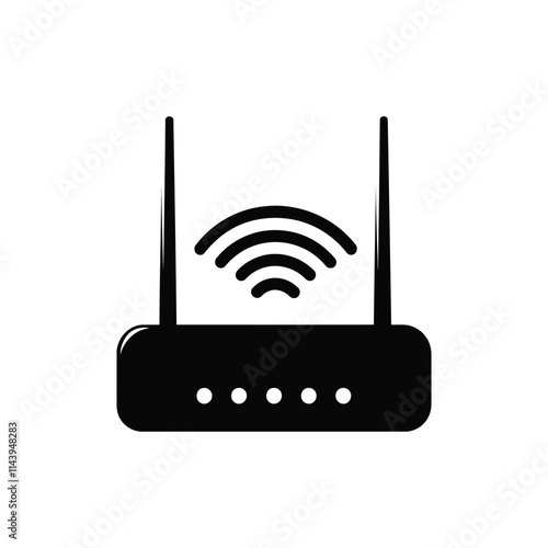 Silhouette of a router with black router icon and logo on white background