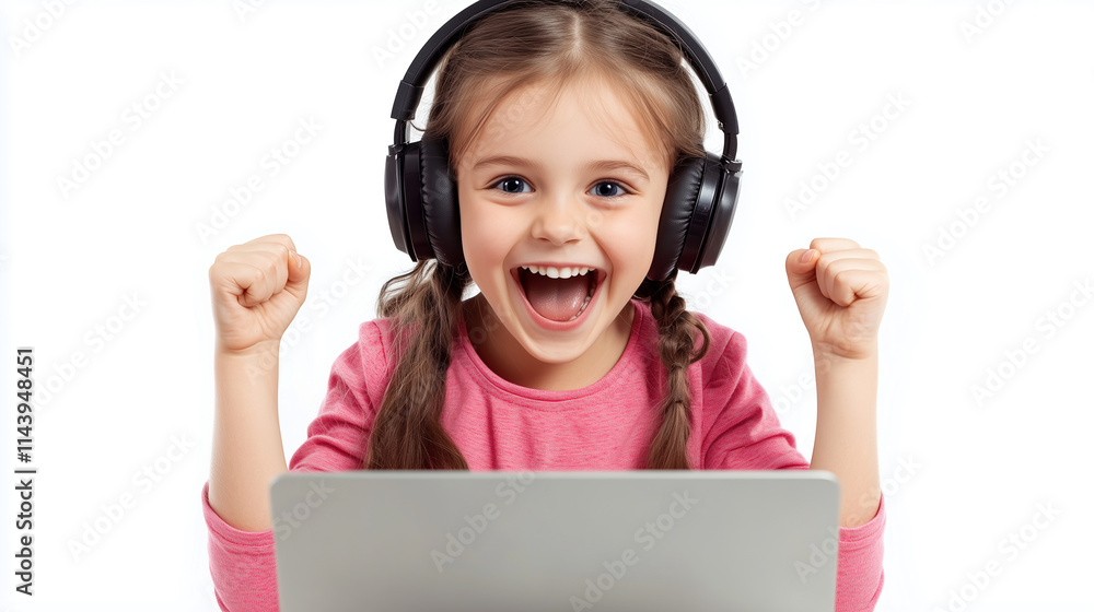 Joyful girl with headphones engaging in remote learning via laptop, showcasing excitement for knowledge acquisition Joyful girl with headphones engaging in remote learning via laptop, showcasing excitement for knowledge acquisition