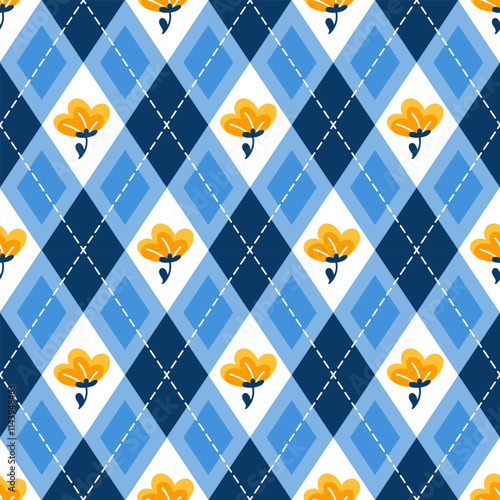 Elegant seamless pattern featuring a blue and white diamond checkered background adorned with yellow floral elements, perfect for summer or spring fabric design