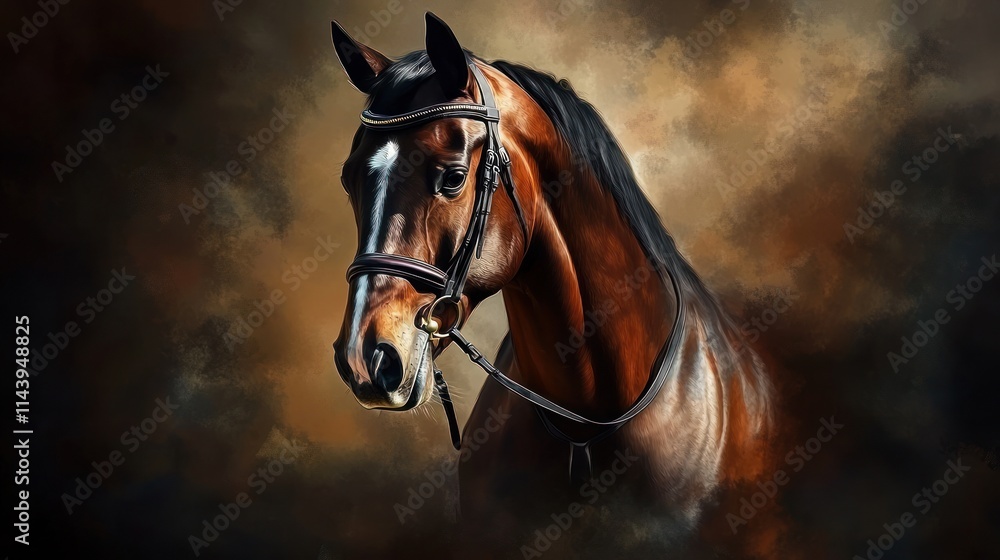 Obraz premium Majestic brown horse portrait against a dark, moody background.